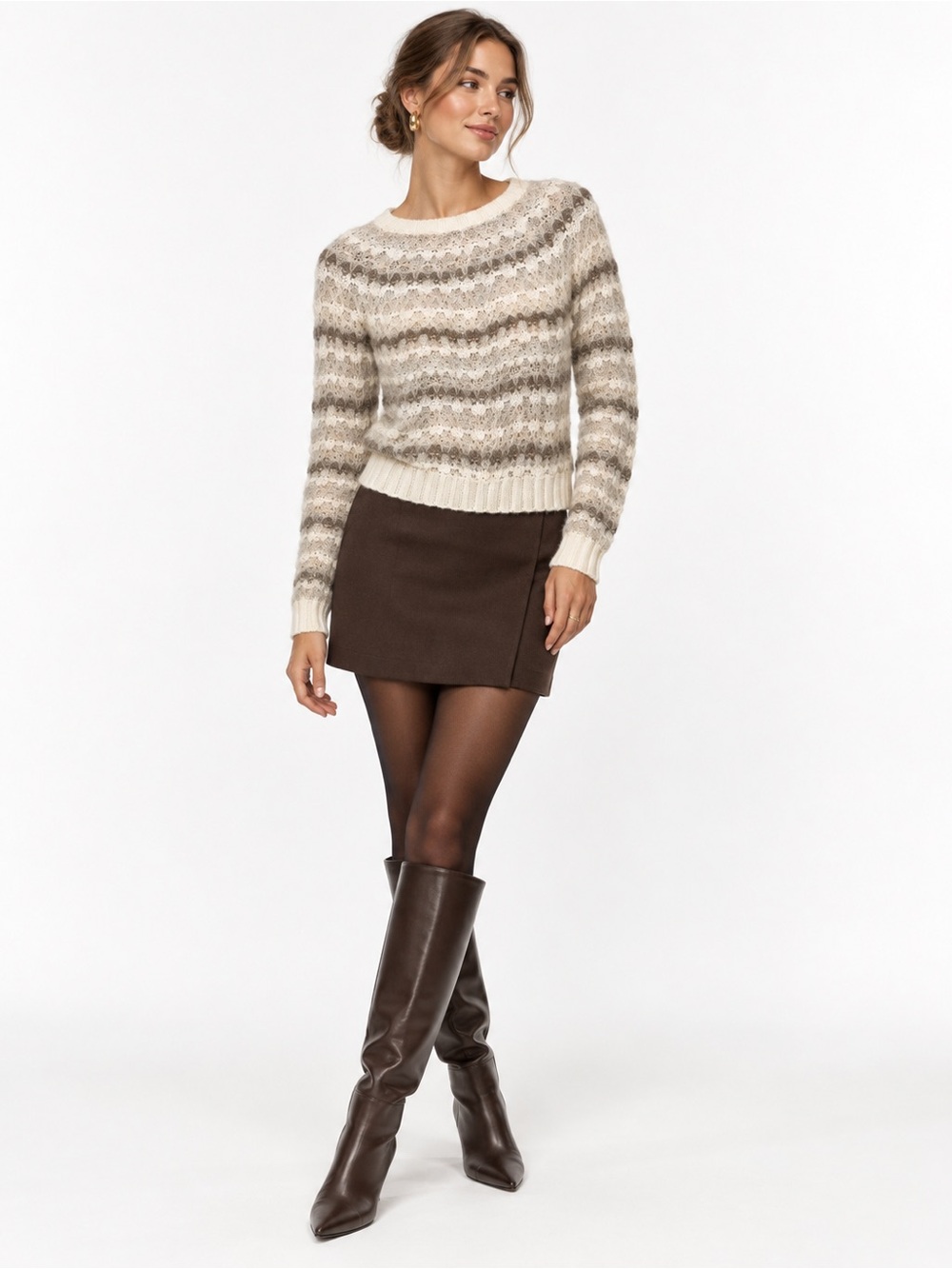 LOFT Fair Isle Open-Knit Cable Sweater Ivory Taupe Womenβs Size XS